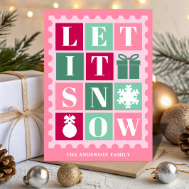 Pink Retro Let It Snow Christmas Postage Stamp Feiertagskarte