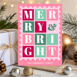 Pink Retro Merry & Bright Christmas Postage Stamp Feiertagskarte