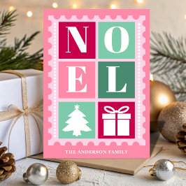 Pink Retro Noel Christmas Postage Stamp Feiertagskarte
