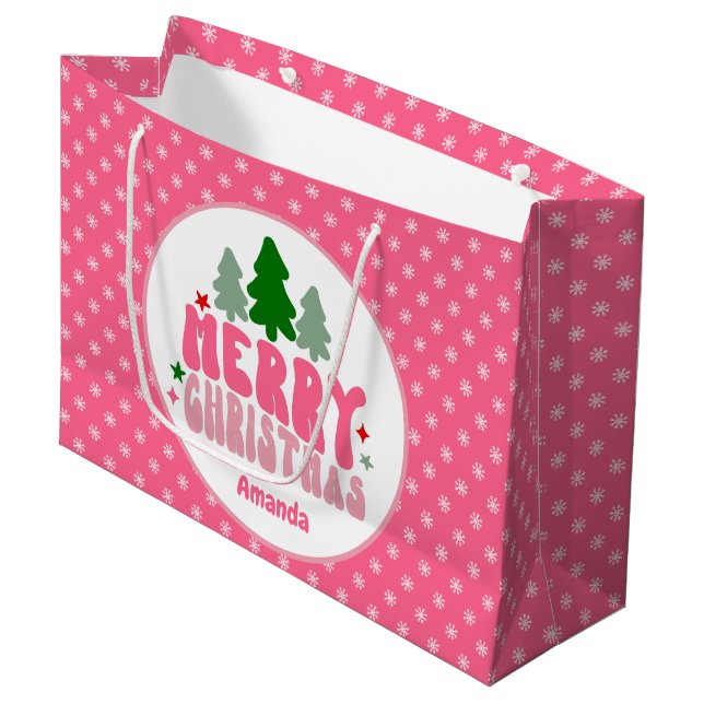 Pink Retro Personalisiert Weihnachten Große Geschenktüte (Vorderseite Schrägansicht)