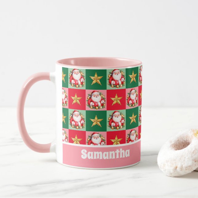 Pink Retro Santa Claus Frohe Weihnachtskids Tasse (Mit Donut)
