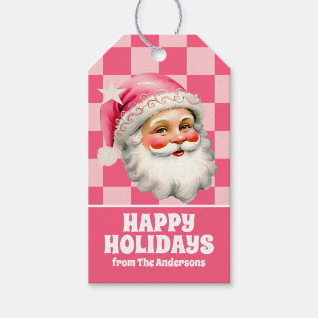 Pink Retro Santa Claus Pink Tartan Karierte Weihna Geschenkanhänger (Vorderseite)