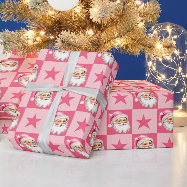 Pink Retro Santa Claus Pink Tartan Karierte Weihna Geschenkpapier (Feiertage)