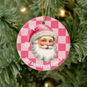 Pink Retro Santa Claus Pink Tartan Karierte Weihna Keramik Ornament