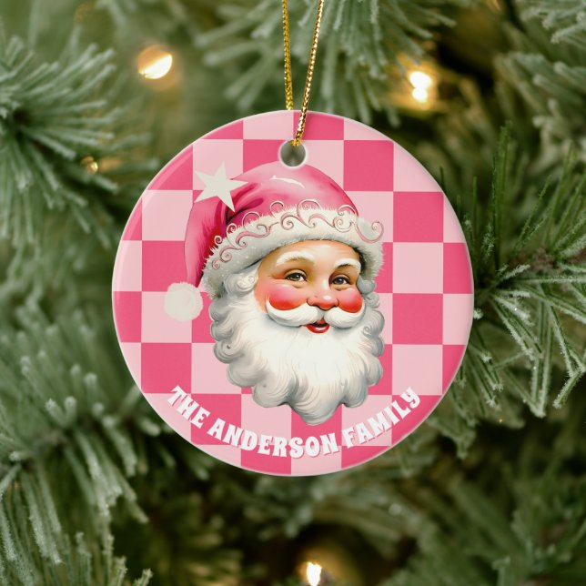 Pink Retro Santa Claus Pink Tartan Karierte Weihna Keramik Ornament (Baum)