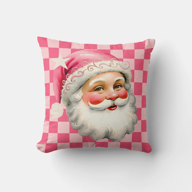 Pink Retro Santa Claus Pink Tartan Karierte Weihna Kissen (Vorderseite)