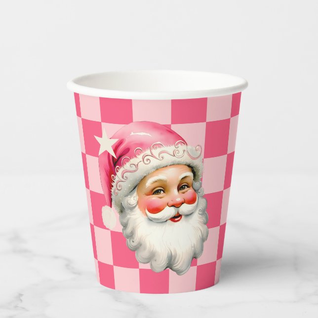 Pink Retro Santa Claus Pink Tartan Karierte Weihna Pappbecher (Vorderseite)