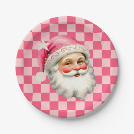 Pink Retro Santa Claus Pink Tartan Karierte Weihna Pappteller