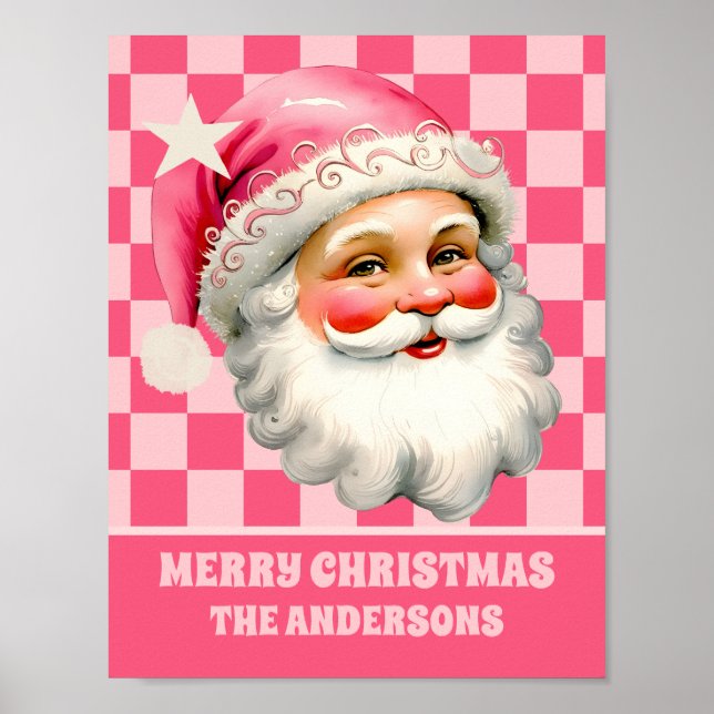 Pink Retro Santa Claus Pink Tartan Karierte Weihna Poster (Vorne)
