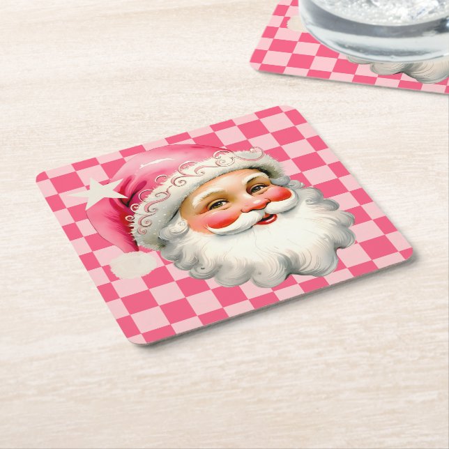 Pink Retro Santa Claus Pink Tartan Karierte Weihna Rechteckiger Pappuntersetzer (angewinkelt)