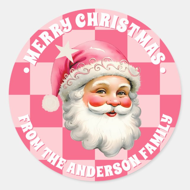 Pink Retro Santa Claus Pink Tartan Karierte Weihna Runder Aufkleber (Vorderseite)