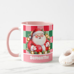 Pink Retro Santa Claus Tartan Karierte Weihnachten Tasse