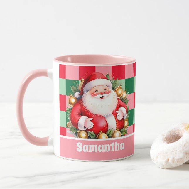 Pink Retro Santa Claus Tartan Karierte Weihnachten Tasse (Mit Donut)