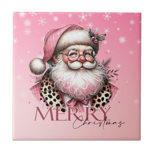 Pink Retro Santa Claus Vintag Frohe Weihnachten Fliese (Vorderseite)
