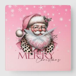 Pink Retro Santa Claus Vintag Frohe Weihnachten Quadratische Wanduhr