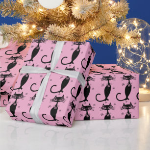 PINK RETRO SCHWARZE KATZCHRISTMAS WRAPPPAPIER GESCHENKPAPIER