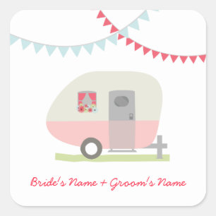 Pink Retro Trailer Hochzeitsticker Quadratischer Aufkleber