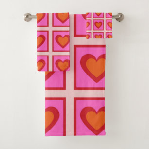 Pink Retro Vintag Checkered Heart Y2K Pattern Badhandtuch Set