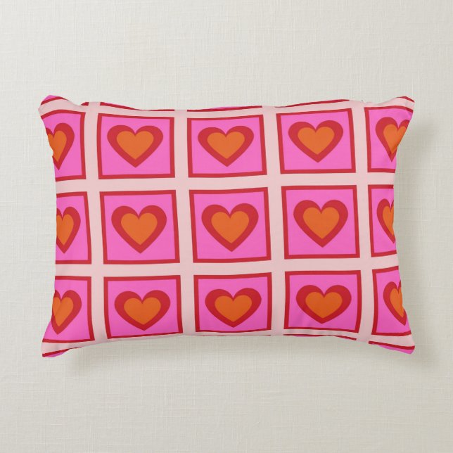 Pink Retro Vintag Checkered Heart Y2K Pattern Dekokissen (Vorderseite)