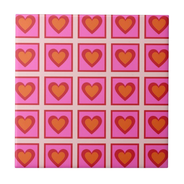 Pink Retro Vintag Checkered Heart Y2K Pattern Fliese (Vorderseite)