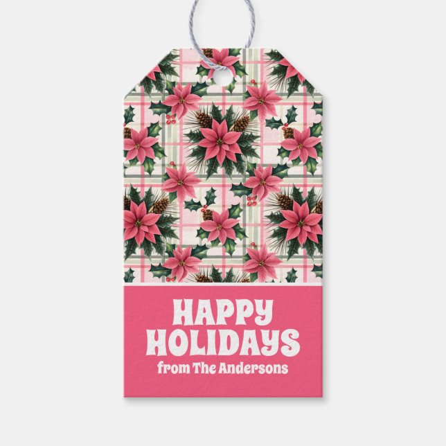 Pink Retro Weihnachten Karierte Weihnachten froh W Geschenkanhänger (Vorderseite)