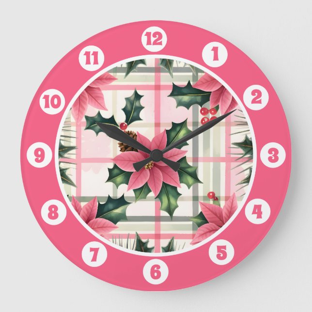 Pink Retro Weihnachten Karierte Weihnachten froh W Große Wanduhr (Vorderseite)