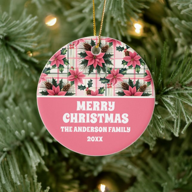 Pink Retro Weihnachten Karierte Weihnachten froh W Keramik Ornament (Baum)