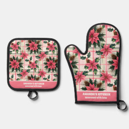 Pink Retro Weihnachten Karierte Weihnachten froh W Ofenhandschuh & Topflappen-Set