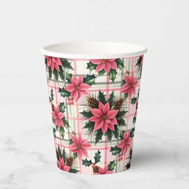 Pink Retro Weihnachten Karierte Weihnachten froh W Pappbecher (Vorderseite)
