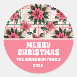 Pink Retro Weihnachten Karierte Weihnachten froh W Runder Aufkleber