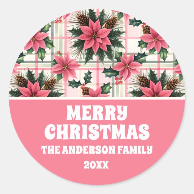 Pink Retro Weihnachten Karierte Weihnachten froh W Runder Aufkleber (Vorderseite)