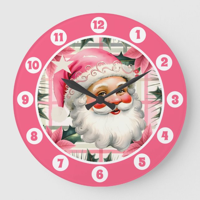 Pink Retro Weihnachten Weihnachten Blumenkohl Kari Große Wanduhr (Vorderseite)