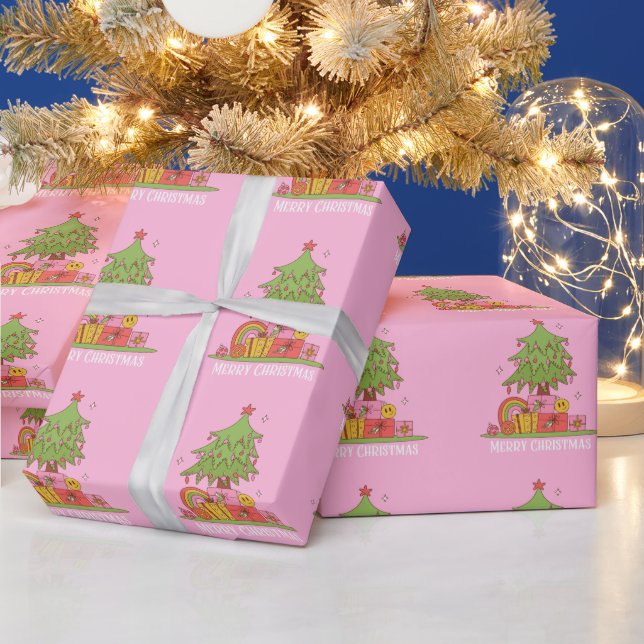 Pink Retro Weihnachtsbaum Geschenkpapier (Feiertage)