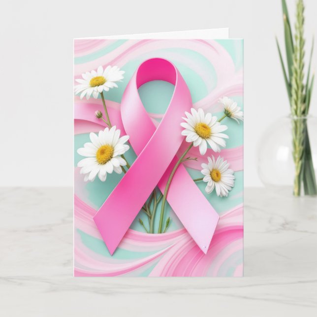 Pink Ribbon and Daisies Breast Cancer Awareness Karte (Vorderseite)