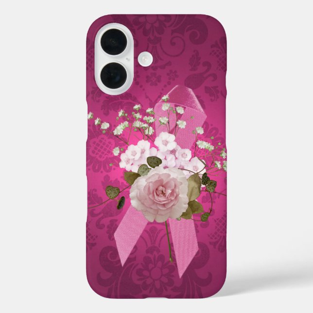 Pink Ribbon auf Magenta Damask Case-Mate iPhone Hülle (Rückseite)