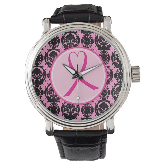 Pink Ribbon Black Damask Brustkrebs Bewusstsein Armbanduhr (Vorderseite)