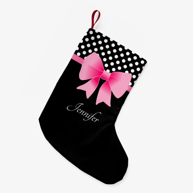 Pink Ribbon Black & White Polka Dots Muster Name Kleiner Weihnachtsstrumpf (Vorderansicht (hängend))