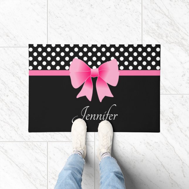 Pink Ribbon Black & White Polka Dots Name Fußmatte (Indoor)