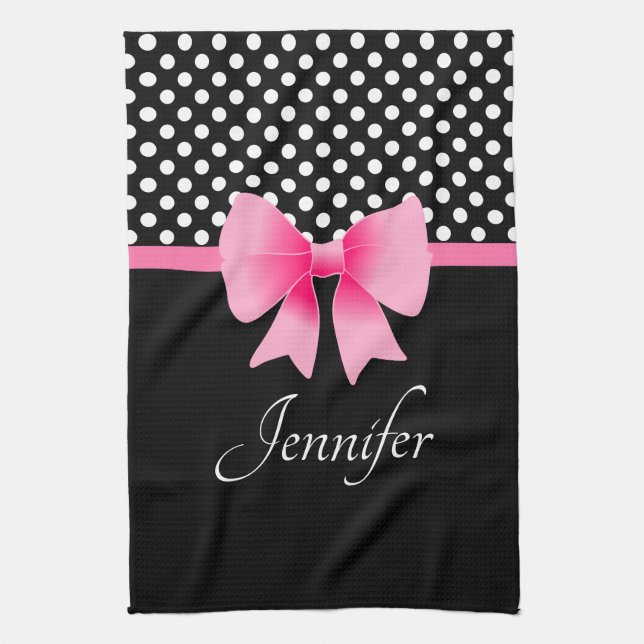 Pink Ribbon Black & White Polka Dots Name Geschirrtuch (Vertikal)