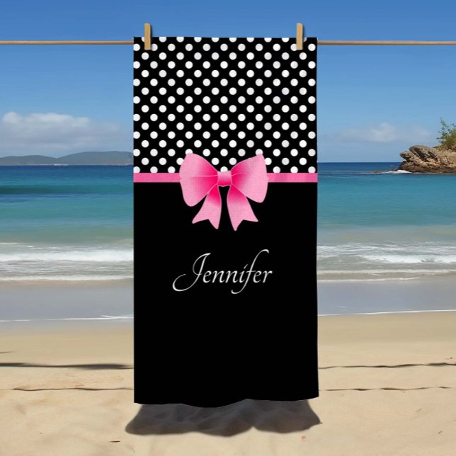 Pink Ribbon Black & White Polka Dots Name Strandtuch (Custom Name Pink Ribbon Black & White Polka Dots Name Beach Towel)