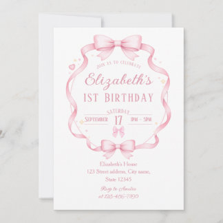 Pink Ribbon Bow Coquette First Birthday Invitation Einladung
