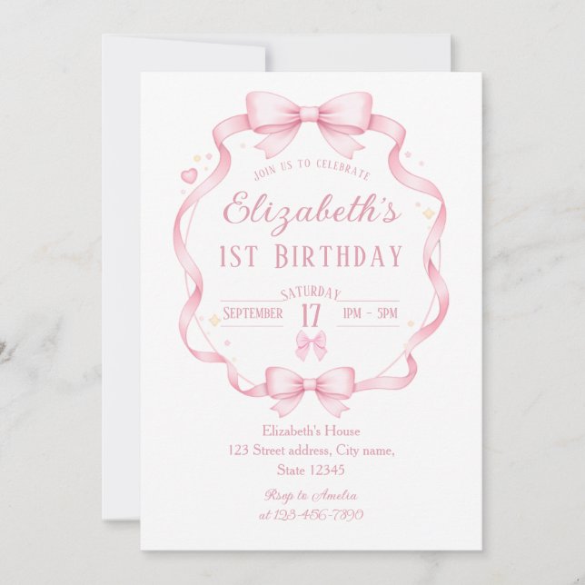 Pink Ribbon Bow Coquette First Birthday Invitation Einladung (Vorderseite)