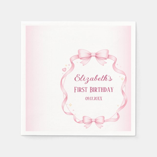 Pink Ribbon Bow First Birthday Square Sticker Serviette (Vorderseite)