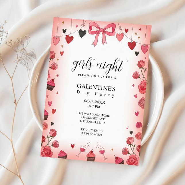 Pink Ribbon Bow Galentine's Invitation Einladung (Pink Ribbon Invitation)