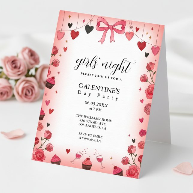 Pink Ribbon Bow Galentine's Invitation Einladung (Soft Feminine Design)