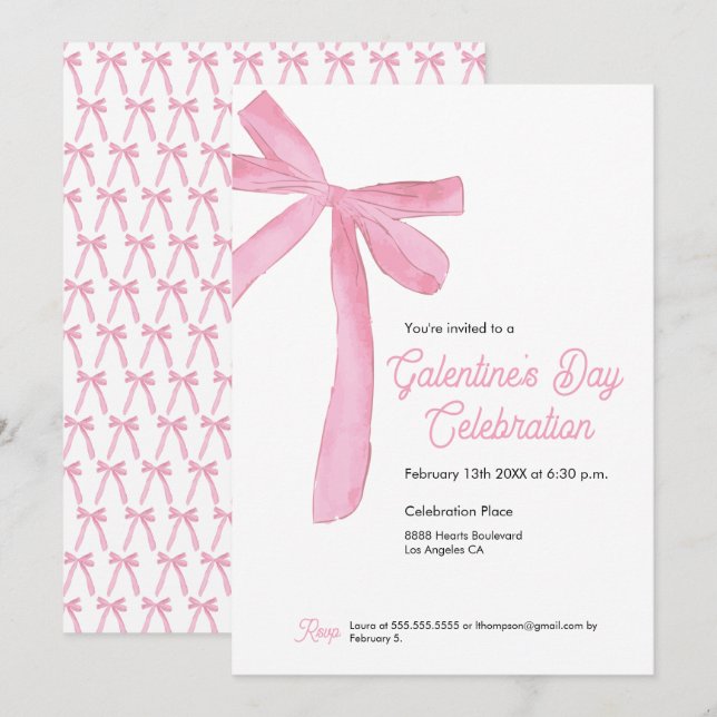 Pink Ribbon Bow Girly Moderne Galentine Einladung (Vorne/Hinten)