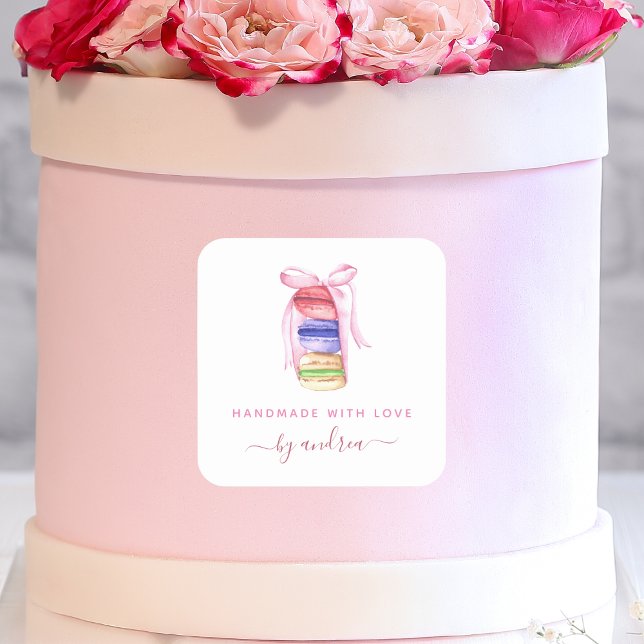 Pink Ribbon Bow Macaroons Französisch Bäckerei Han Quadratischer Aufkleber (Von Creator hochgeladen)