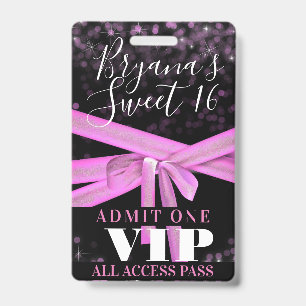 Pink Ribbon Bow Sweet 16 Party VIP Pass Ausweis