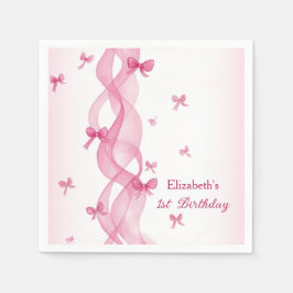 Pink Ribbon Bow Watercolor First Birthday Napkins Serviette