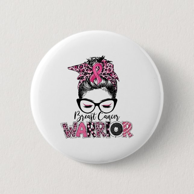 Pink Ribbon Breast Cancer Awareness Warrior Messy Button (Vorderseite)
